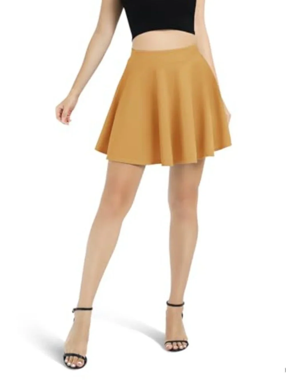 Stretchy Flared Mini Skater Skirt High Rise Pull On Polyester Spandex